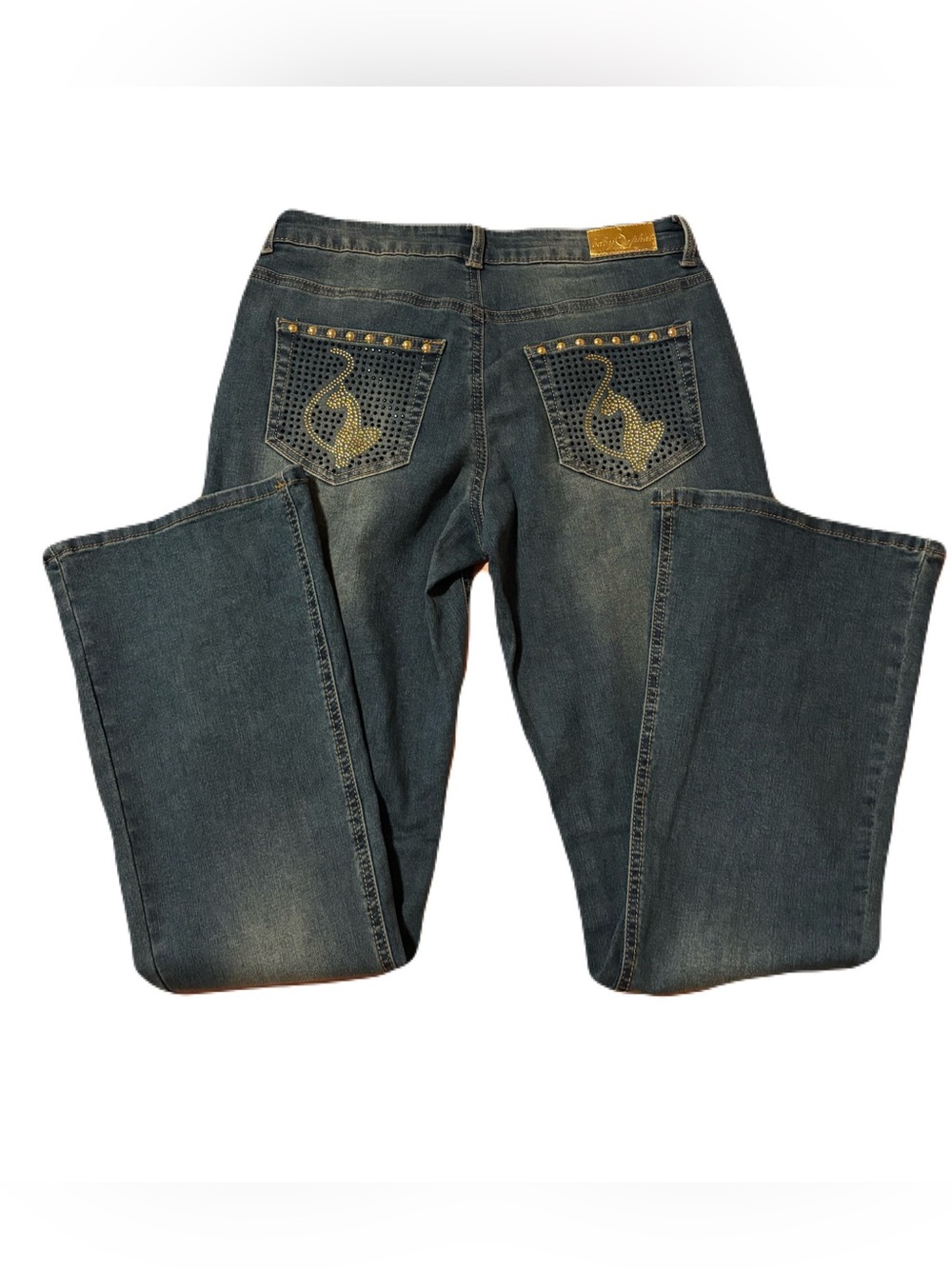 Y2K Baby Phat Embellished Back Pocket Flare Jeans w/ Gold Studs & Crystal Button